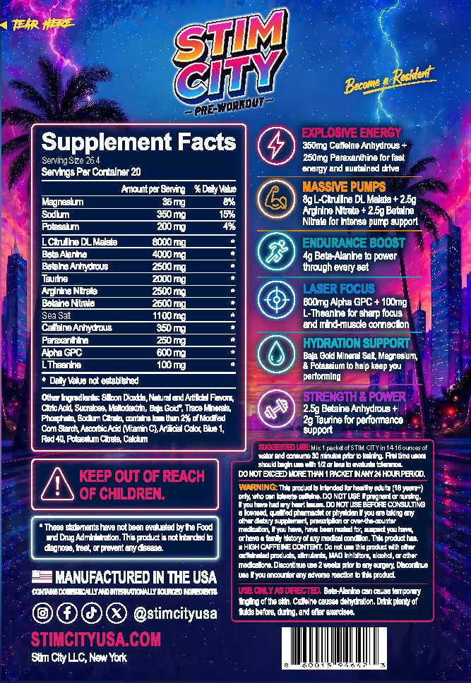 Stim City Purple Razz Lemonade 350 mg caffeine pre-workout supplement facts and directions