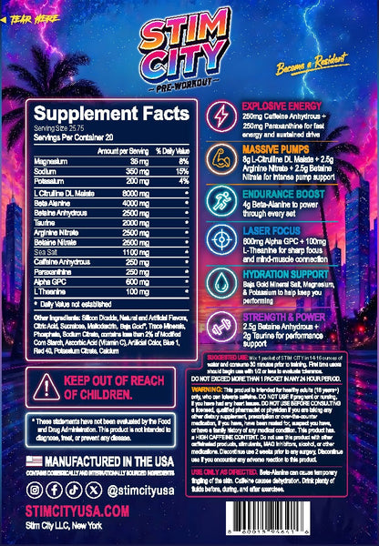 Stim City Grape 250 mg caffeine pre-workout supplement facts and directions