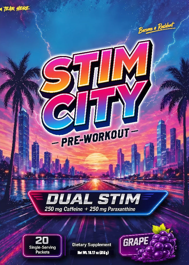 Stim City Grape 250 mg caffeine pre-workout, 20 packet bag front