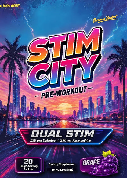 Stim City Grape 250 mg caffeine pre-workout, 20 packet bag front