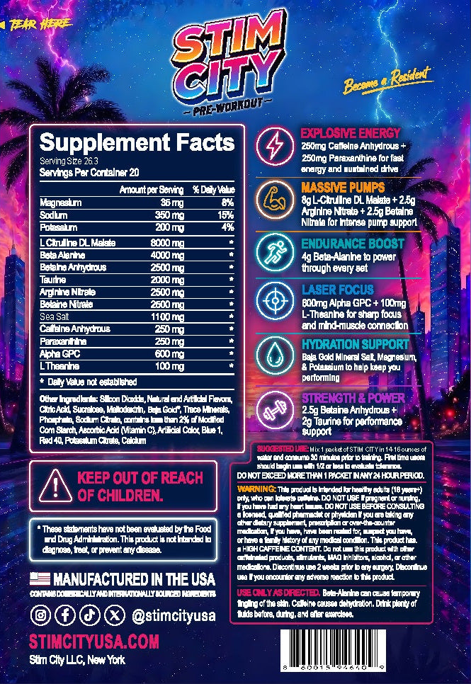 Stim City Purple Razz Lemonade 250 mg caffeine pre-workout supplement facts and directions