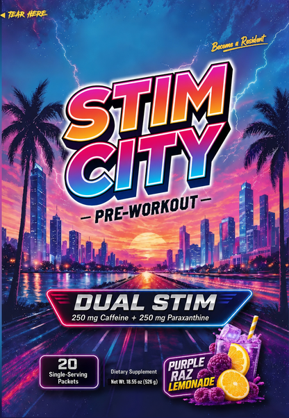 Stim City Purple Razz Lemonade 250 mg caffeine pre-workout, 20 packet bag front