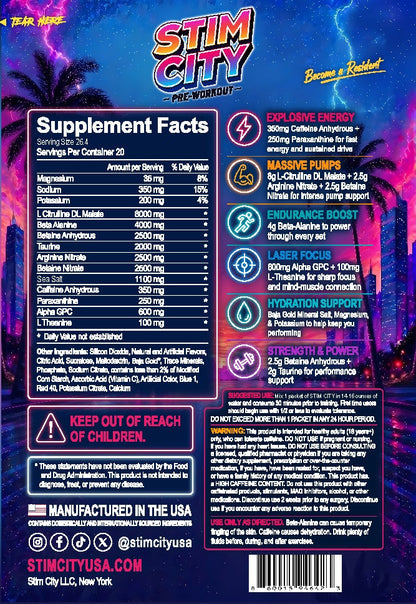 Stim City Purple Razz Lemonade 350 mg caffeine pre-workout supplement facts and directions