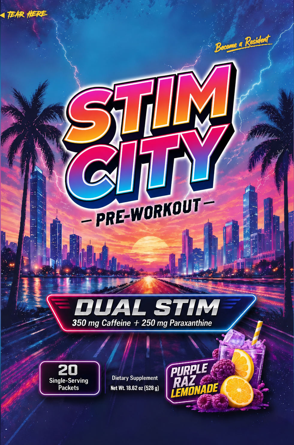 Stim City Purple Razz Lemonade 350 mg caffeine pre-workout, 20 packet bag front